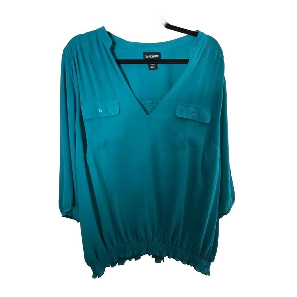 Lane Bryant Teal V-Neck Pockets Balloon Sleeve Casual Top Womans Size 22/24
